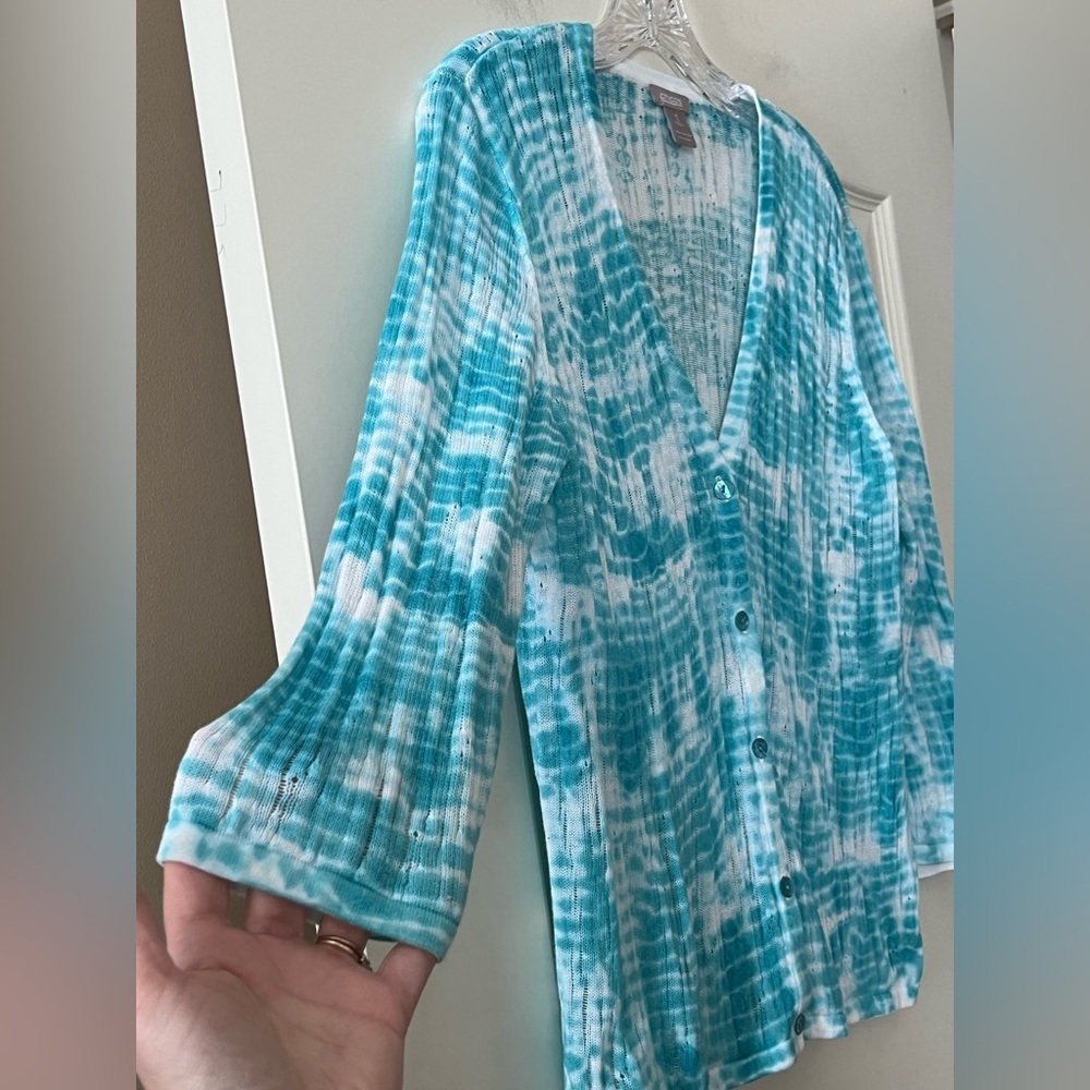 Chico’s Turquoise Tie-Dye Spring Cardigan Button Down Women’s Size Medium - Picture 8 of 14